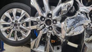 Vành bị hư hỏng của mẫu Toyota Kluger tại Úc, dưới lớp vành lộ ra chất liệu được mô tả như cao su