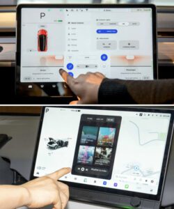 Màn hình trên xe Tesla Model 3 (trên) và màn hình Hyundai Pleos, đều có kích thước lớn, hiển thị bộ số và tình trạng pin ở góc trên bên trái