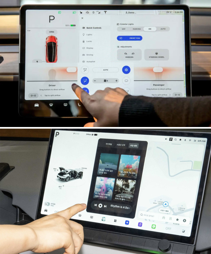 Màn hình trên xe Tesla Model 3 (trên) và màn hình Hyundai Pleos